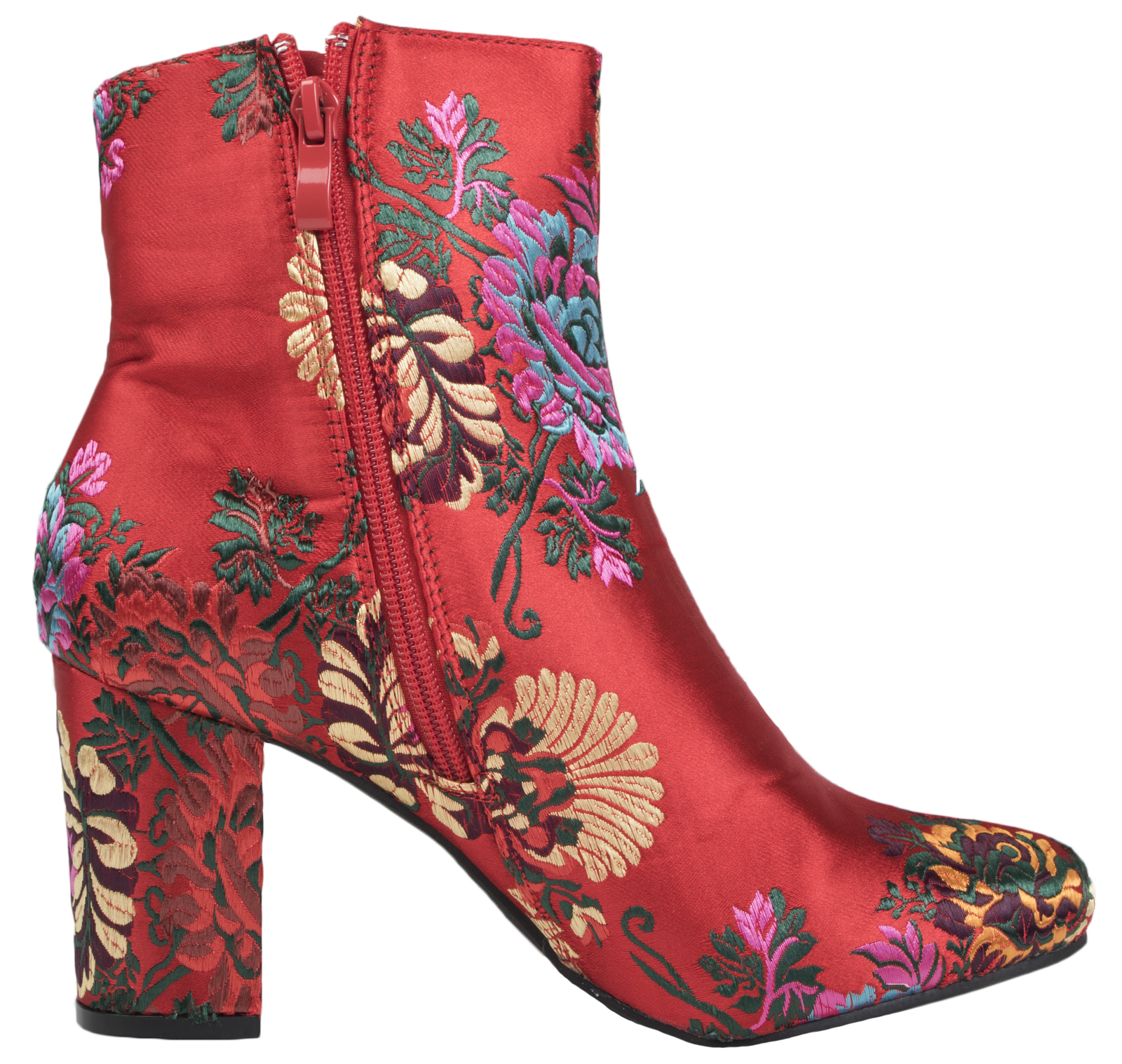 Womens Block Heel Ankle Boots Floral Oriental Shoes Satin Embroidered